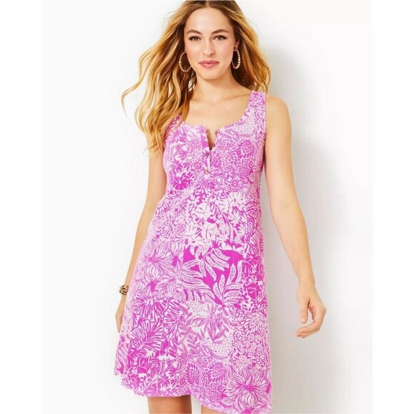 Lilly Pulitzer Lela Henley Tank Mini Dress Printed Cotton Sleeveless XL 279885 - Picture 1 of 9